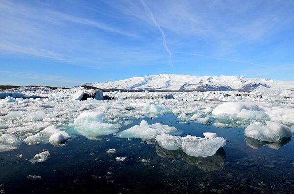 Iceland's Glacial Lagoon with Chunks of Ice and Snow