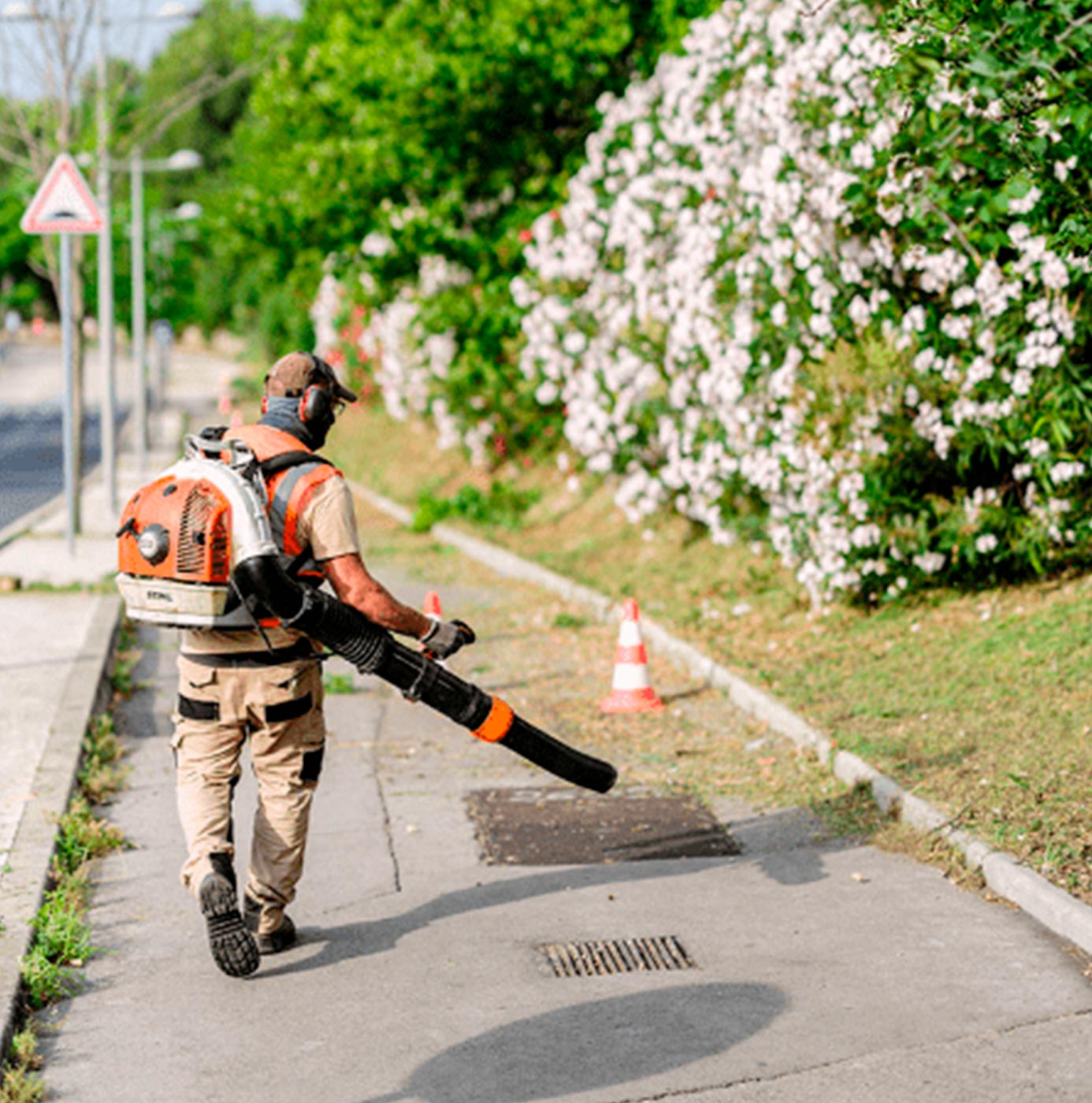 Un agent équipé d'un souffleur à dos nettoie un trottoir bordé d'arbustes fleuris.