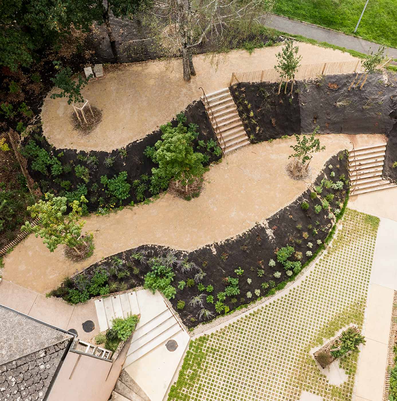 Vue aérienne d'un aménagement paysager en terrasses avec massifs plantés, allées sinueuses et escaliers.