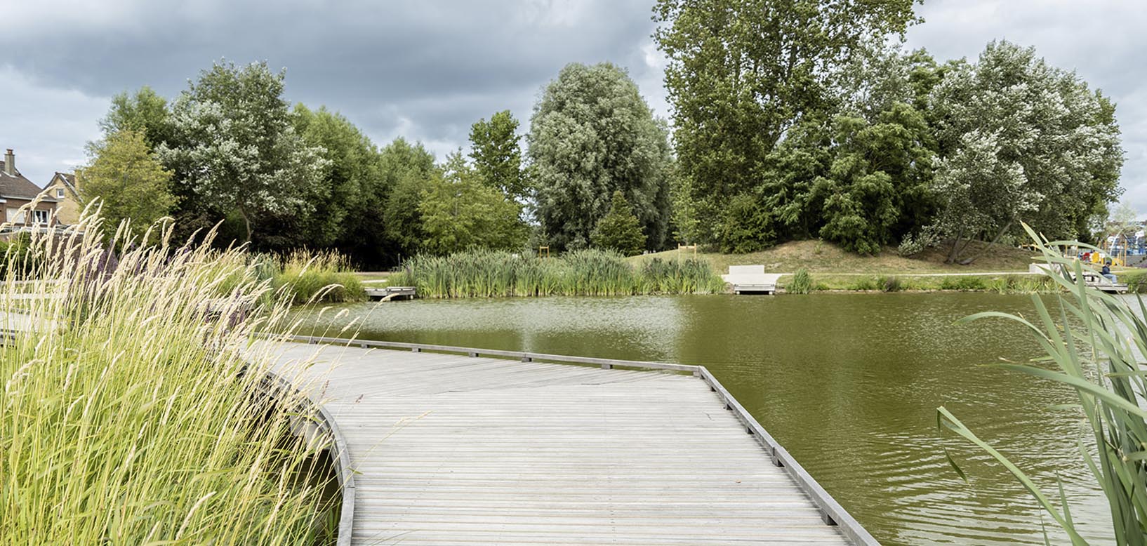 Passerelle en bois longeant un plan d'eau bordé de roseaux et d'arbres dans un parc paysager.