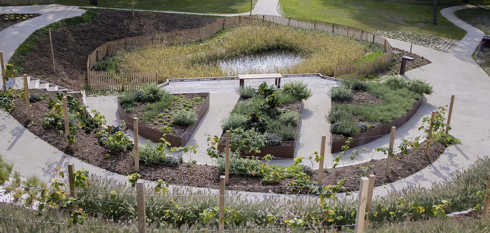 Vue aérienne d'un jardin partagé aménagé en cercle avec bassin central, potagers en bacs et vignes palissées.