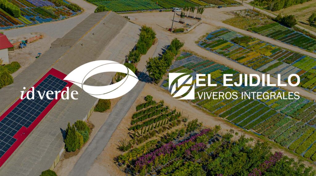 Vue aérienne des installations d'El Ejidillo Viveros Integrales avec les logos idverde et El Ejidillo