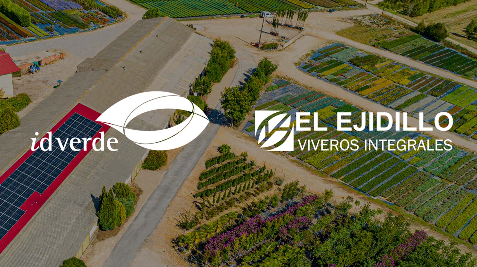 Vue aérienne des installations d'El Ejidillo Viveros Integrales avec les logos idverde et El Ejidillo