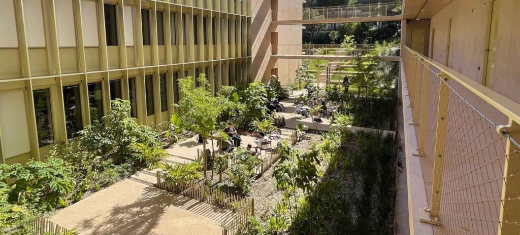 Cour végétalisée intérieure d'un bâtiment universitaire avec massifs arbustifs et espaces de repos pour les usagers.
