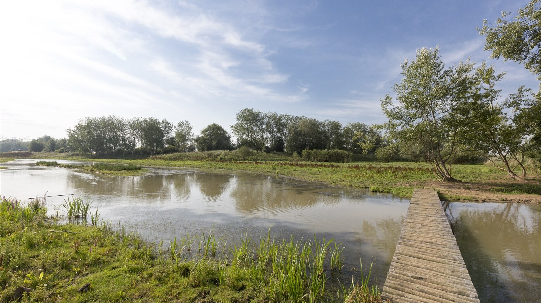 Bassin de rétention végétalisé bordé d'une passerelle en bois sous un ciel nuageux