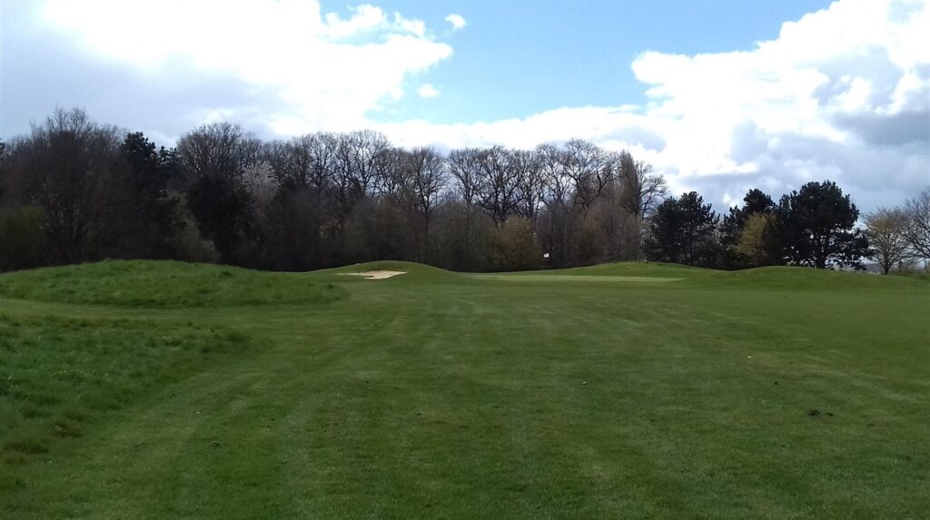 Parcours de golf verdoyant bordé d'arbres sous un ciel de printemps