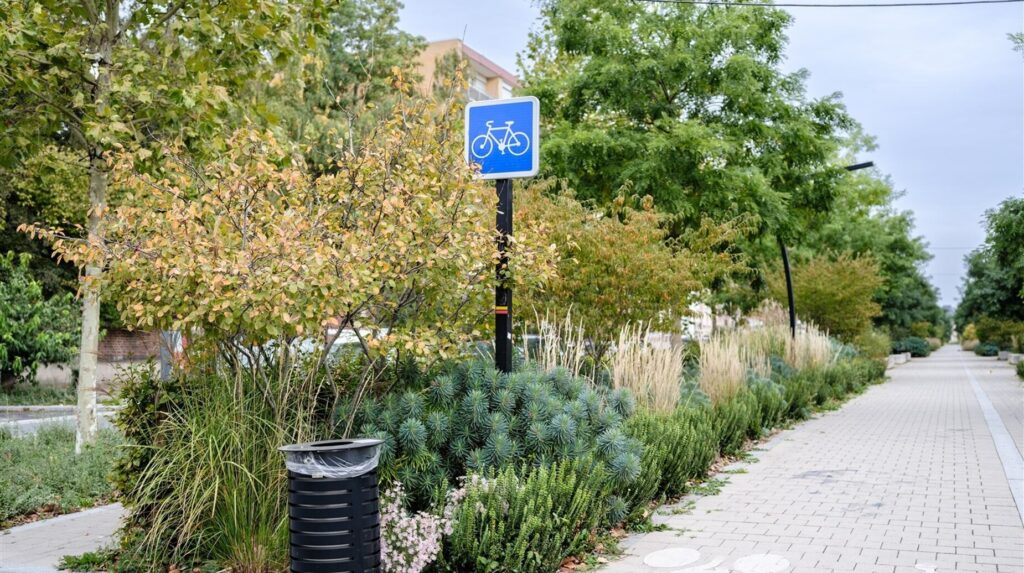 Piste cyclable bordée de massifs de graminées et d'arbustes en milieu urbain