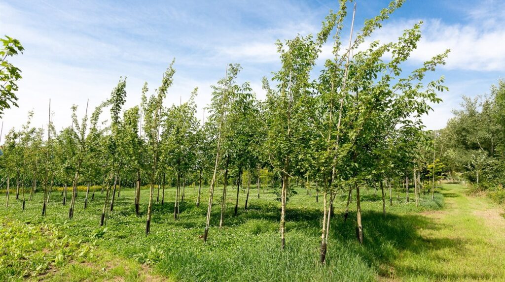 Jeune verger planté en rangs réguliers avec tuteurs et protections de tronc