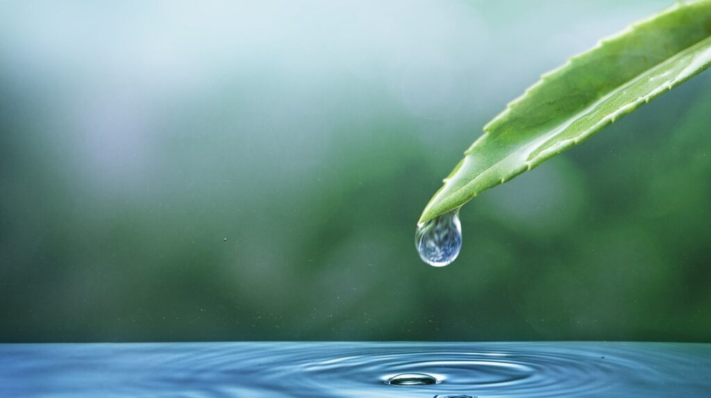 Goutte d'eau suspendue à l'extrémité d'une feuille au-dessus d'une surface d'eau