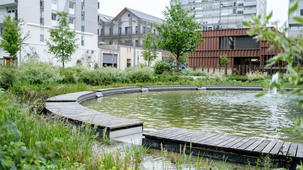 Bassin paysager bordé d'un platelage bois au pied d'immeubles contemporains