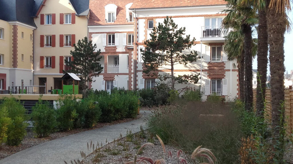 Jardin paysager avec palmiers et graminées devant une bâtisse ancienne à toit de tuiles